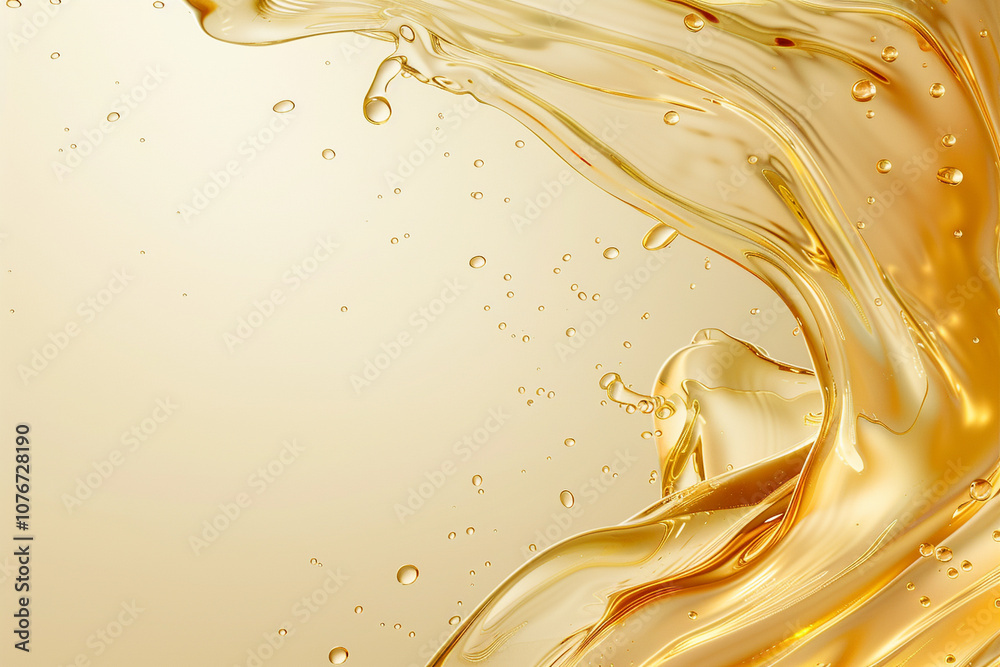 Fototapeta premium A high-resolution close-up of cosmetic serum with transparent oil droplets flowing over an abstract golden female form. Perfect for luxury skincare branding, product marketing, and beauty ads.