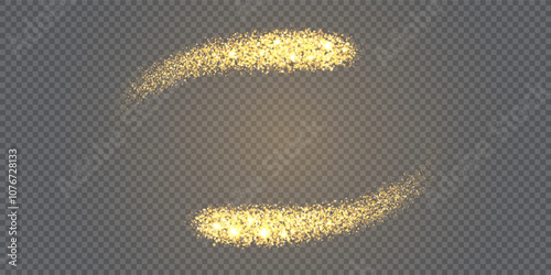 Two golden swooshes made of glitter dust moving around the center. Gold swirls of light trail. Sparkling festive element of design. Abstract vector illustration with overlay effect and transparency