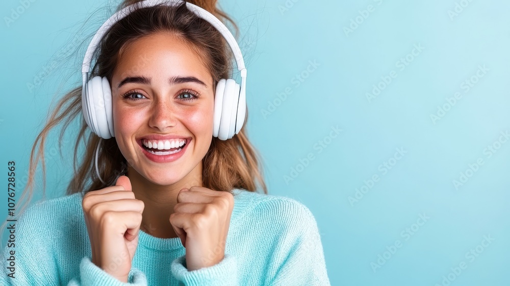 Naklejka premium A laughing woman wearing big white headphones and a comfortable blue sweater, full of joy, against a light blue background, evoking feelings of happiness and contentment.