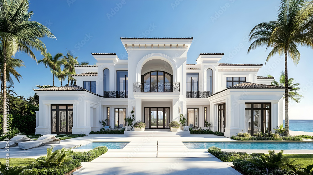 Fototapeta premium Florida Keys oceanfront villa with private marina and tropical gardens, modern Mediterranean estate with sunset views