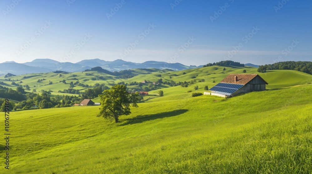 Obraz premium Sunlit solar panels shine among hills and a farmhouse, highlighting eco-friendly energy solutions
