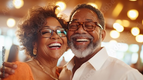 A cheerful couple, dressed in vibrant colors, laughs together exuberantly in a lively setting, reflecting a joyful and carefree spirit, captured in glowing light. photo