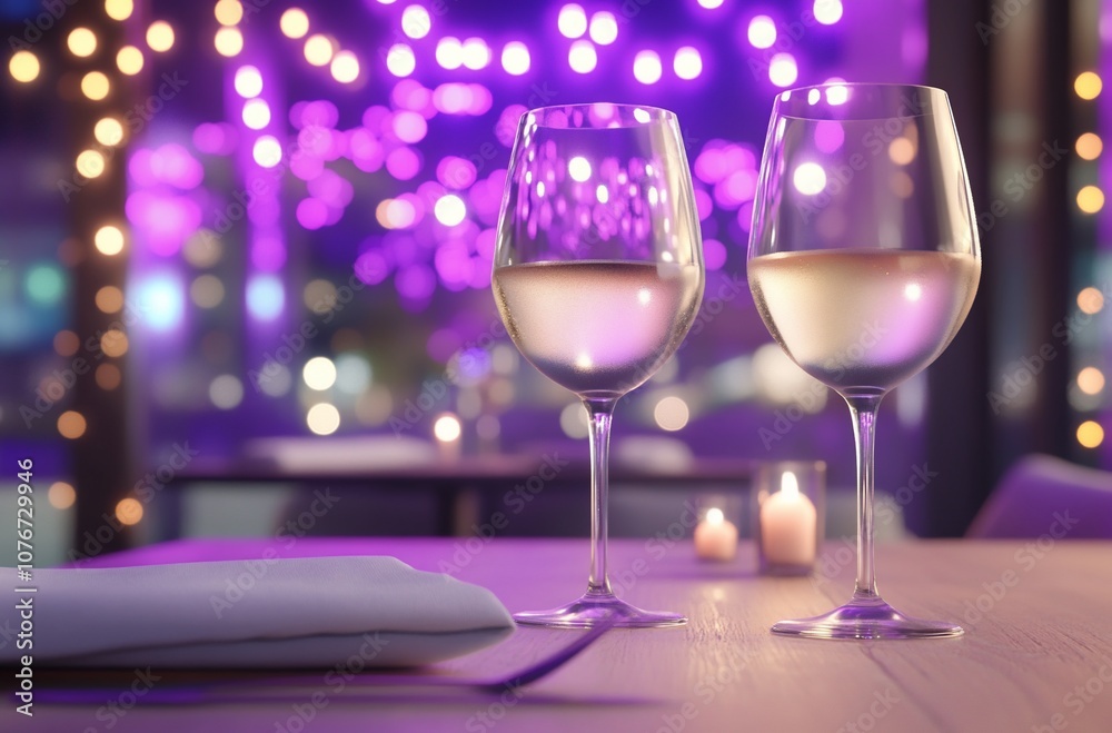 Two wine glasses on a table with soft candlelight and purple lights. Two wine glasses on a table with soft candlelight and purple lights.