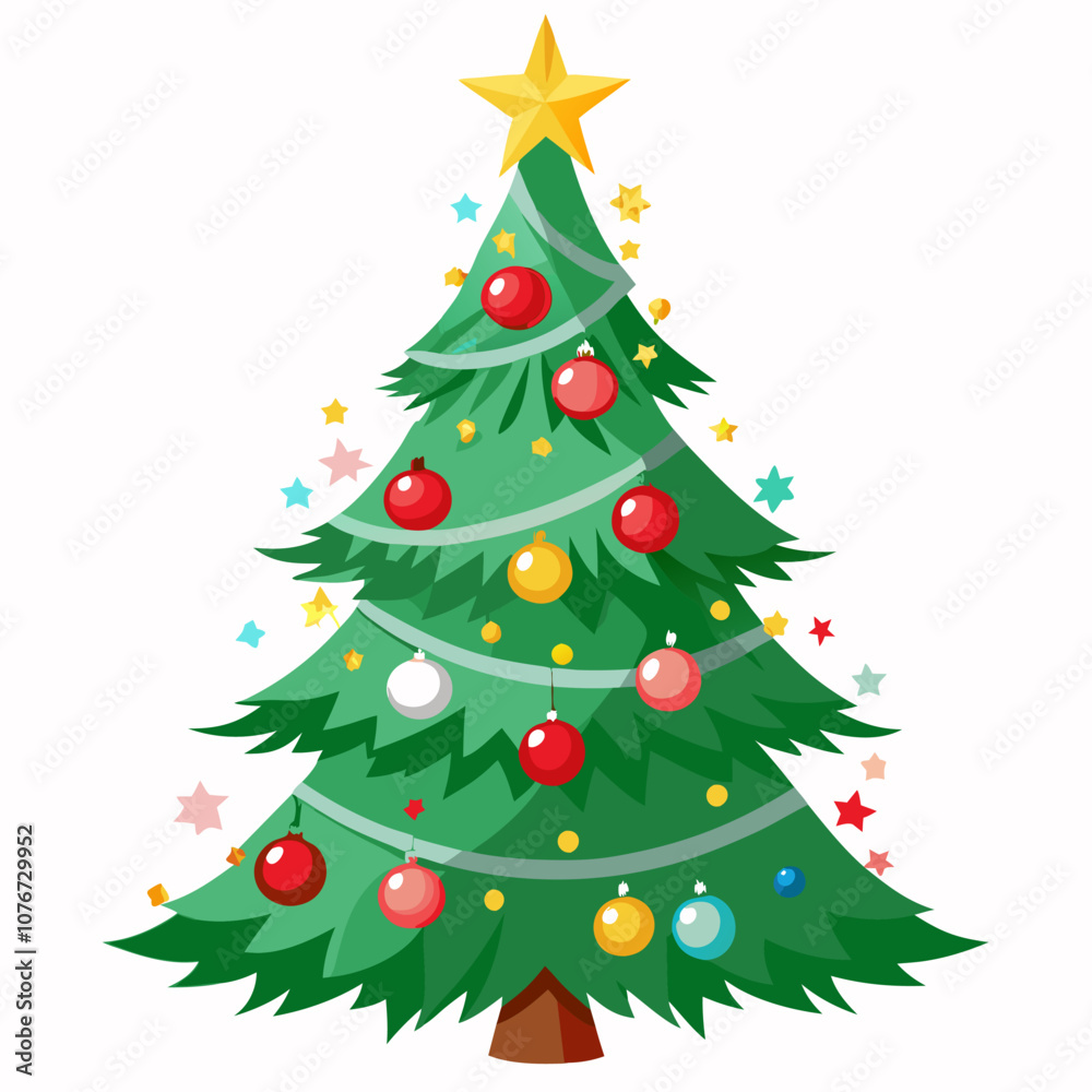 Cheerful Christmas tree illustration with ornaments, star, and ribbon. Perfect for holiday cards, website graphics, and seasonal designs. Cheerful Christmas tree illustration with ornaments, star, and ribbon. Perfect for holiday cards, website graphics, and seasonal designs.