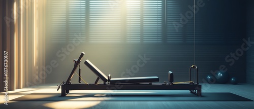 Render a dynamic long shot of a Pilates reformer machine in a modern gym