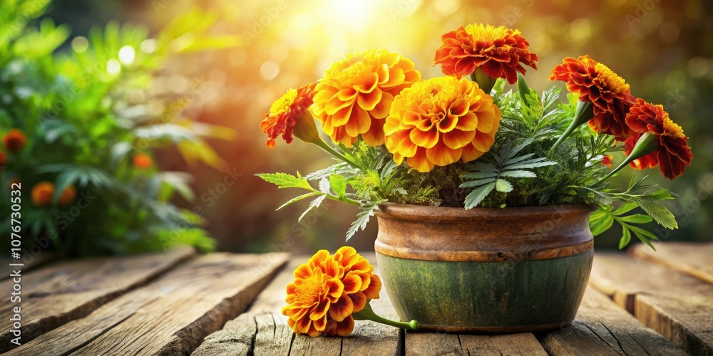 custom made wallpaper toronto digitalStunning Aerial View of a Vibrant Big Marigold Flower in a Pot with Lush Green Foliage, Perfect for Nature and Gardening Enthusiasts