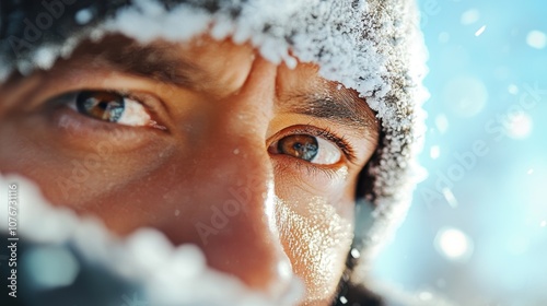 A close-up image featuring a brown-eyed individual surrounded by swirling frost, evoking determination and resilience in harsh winter conditions. photo