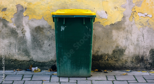 Velha lata de lixo verde com tampa amarela isolada