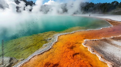 a geothermal area, colorful mineral deposits, steam vents photo