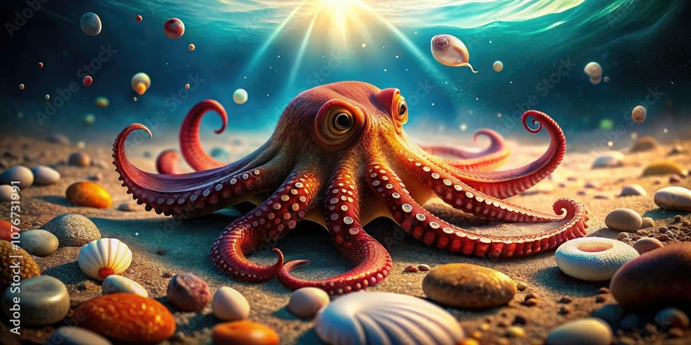 Fototapeta premium Stunning Candid Photography of a Cute Red Octopus in Sandy Seabed Underwater