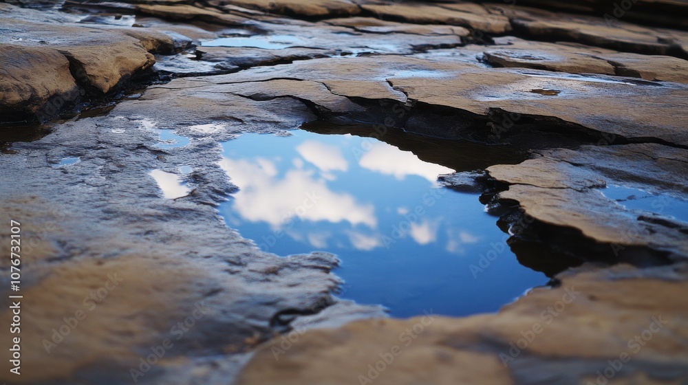A clear blue sky reflects in a shallow pool of water on rugged stone, creating a serene natural scene. A clear blue sky reflects in a shallow pool of water on rugged stone, creating a serene natural scene.
