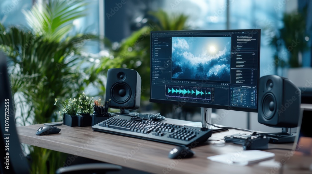 A modern desk setup featuring a computer monitor displaying audio editing software, speakers, keyboard, and plants, emphasizing technology and productivity.