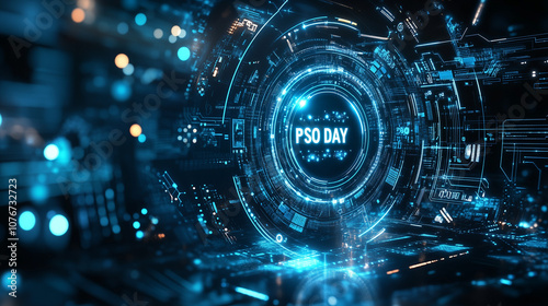 Exploring the futuristic digital landscape on PSO Day featuring vibrant blue circuitry and holographic designs. photo