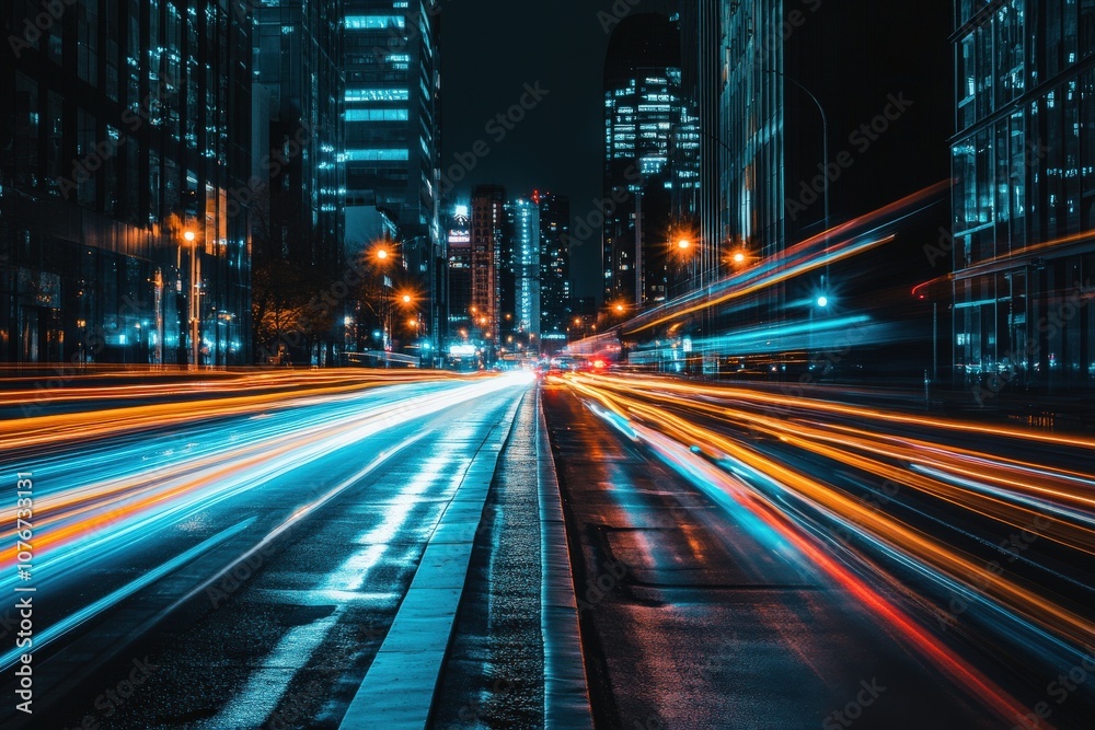 Obraz premium City Street with Blurry Lights and Skyscrapers at Night