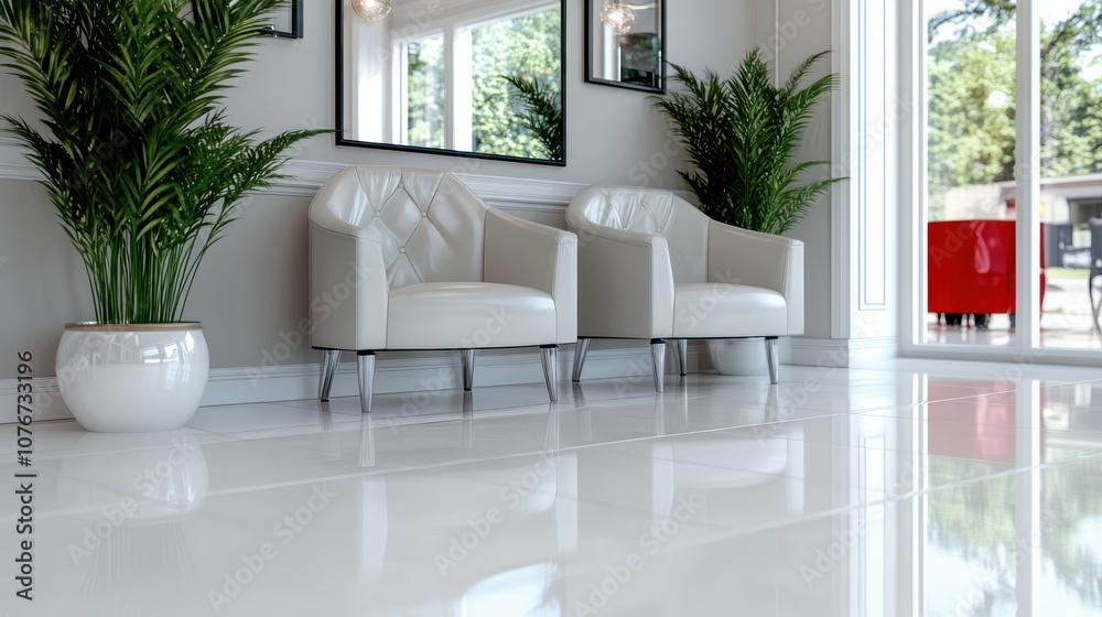 Fototapeta premium A modern lobby featuring two white armchairs with elegant design and potted plants, reflecting a welcoming and sophisticated environment with natural elements.