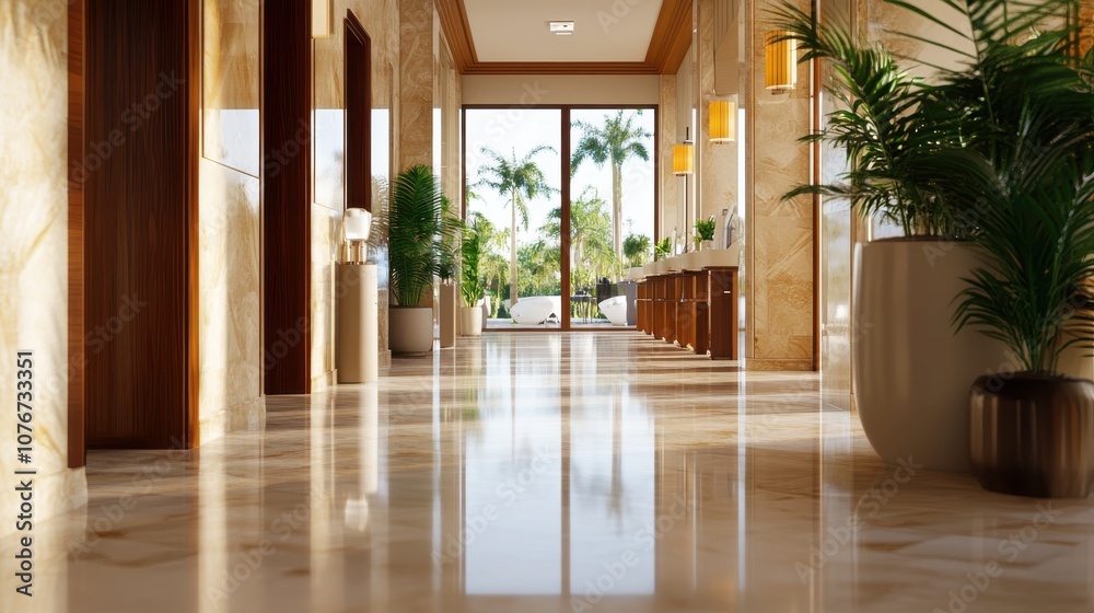 An expansive hallway with polished marble floors and elegant decor featuring lush green plants, tall windows, and warm lighting, radiating luxury and sophistication. An expansive hallway with polished marble floors and elegant decor featuring lush green plants, tall windows, and warm lighting, radiating luxury and sophistication.
