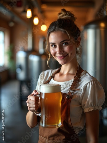 A young woman with a warm smile holds a frosty mug of beer in a rustic brewery. The warmly lit interior features brewing tanks, creating a relaxed atmosphere for enjoying a drink with friends or windi photo