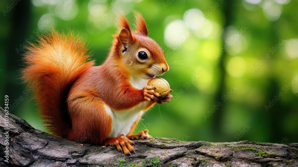 Obraz premium Red Squirrel Holding a Nut in a Forest