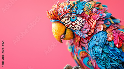 A vibrant, colorful parrot sculpture with intricate details on a pink background, perfect for art and design themes. photo