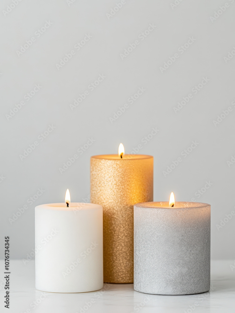 Elegant Set of Metallic Gold and Silver Candles on a Minimalist Background, Perfect for Home Decor, Events, and Special Occasions Elegant Set of Metallic Gold and Silver Candles on a Minimalist Background, Perfect for Home Decor, Events, and Special Occasions