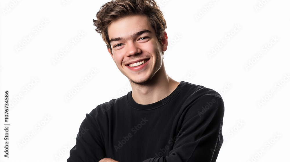 Young man smiling confidently in casual black outfit Young man smiling confidently in casual black outfit