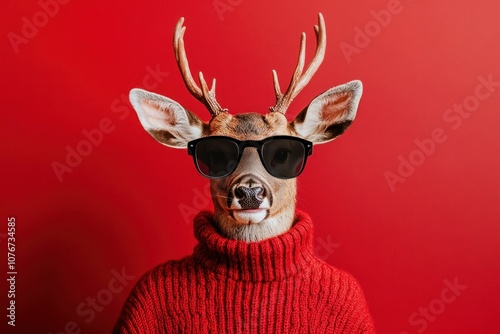 Stylish deer wearing sunglasses and a red sweater against a bright red background, creating a fun and playful atmosphere that captures attention and sparks joy