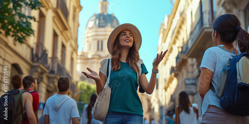 Fototapeta Naklejka Na Ścianę i Meble -  Female tourist guide showing European city to the group of tourists.