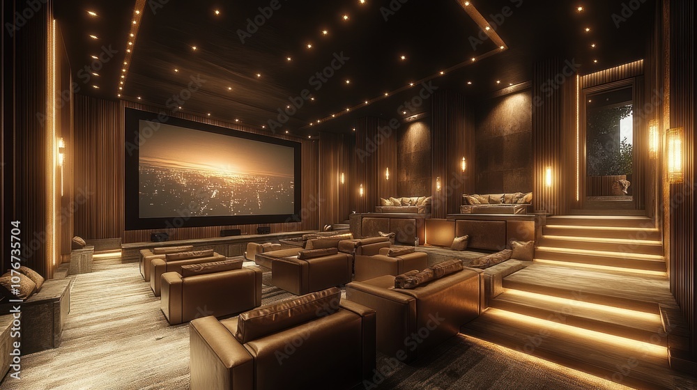 Luxurious home theater with plush seating and ambient lighting. Luxurious home theater with plush seating and ambient lighting.