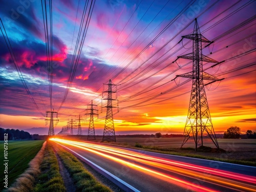 Stunning Long Exposure of Power Lines at Dusk with Dramatic Sky