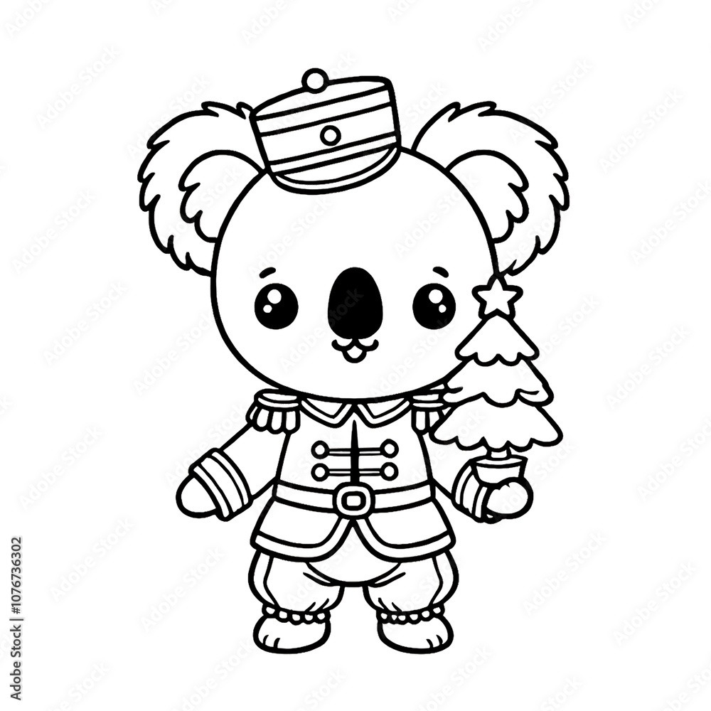 Obraz premium Koala with Christmas Tree in Nutcracker Uniform Coloring Page, Fun Holiday Activity for Kids, Cute Festive Animal Art, Perfect for Christmas Coloring Books