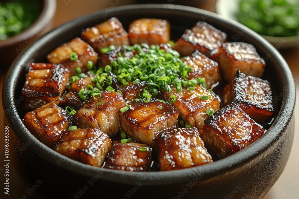 Delicious Asian Dish with Glazed Meat and Green Onions Delicious Asian Dish with Glazed Meat and Green Onions