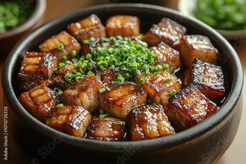 Delicious Asian Dish with Glazed Meat and Green Onions