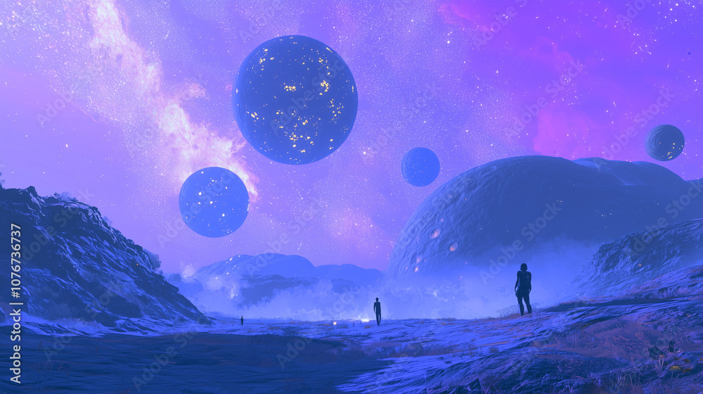 Fototapeta premium A mystical cosmic landscape with floating planets and galaxies, combining fantasy and surrealism.