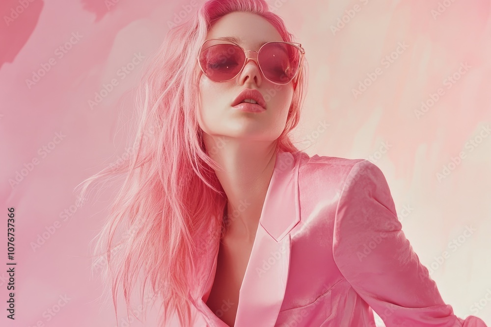 an extremely beautiful supermodel with pink hair and sunglasses, wearing a mini skirt suit, posing in front of a solid pastel-colored background