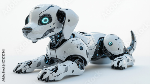 Cybernetic Puppy with Glowing Eyes and Sleek White Finish photo