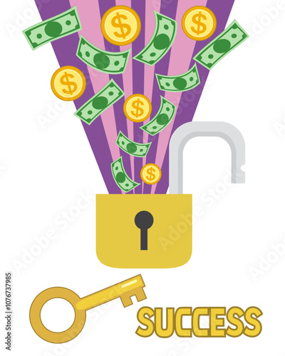 The key unlocks a lot of money. Unlocking Money, The Key to financial success and prosperity unlock concept. Flat, Vector, Illustration, Cartoon, EPS10.   