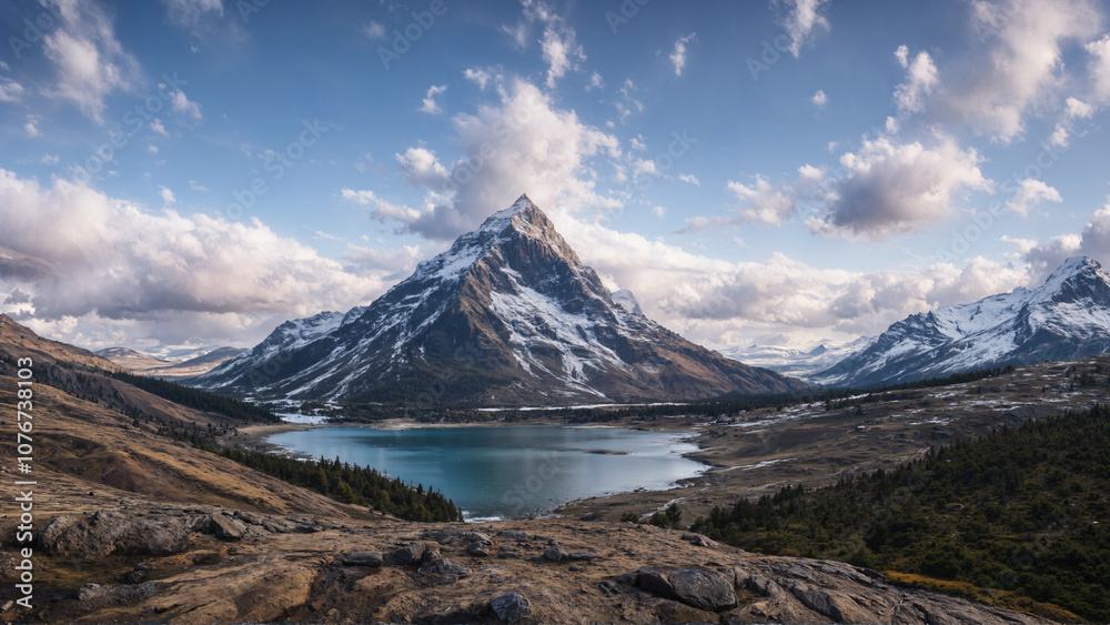 Naklejka premium A serene mountain landscape with a snowy peak, surrounded by rugged terrain. A calm reflective lake stretches through the foreground, capturing the beauty of the cloudy sky.