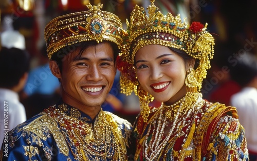 people in traditional Baro dress, decorated with gold and colorful beads, wearing the ornate headdress known as a kampung, smiling at the camera while standing next to each other. photo