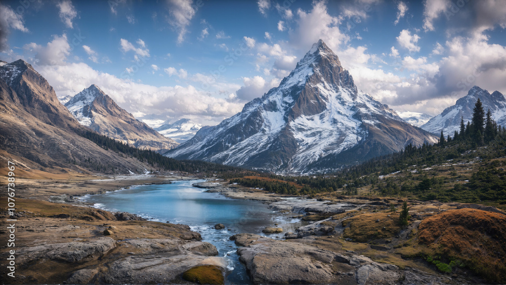 Fototapeta premium A serene mountain landscape with a snowy peak, surrounded by rugged terrain. A calm reflective lake stretches through the foreground, capturing the beauty of the cloudy sky.