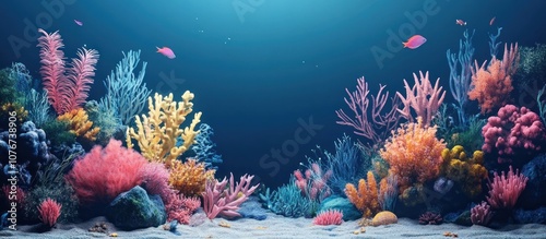 Fototapeta Naklejka Na Ścianę i Meble -  Vibrant coral reef with colorful fish and plants in a blue underwater scene.