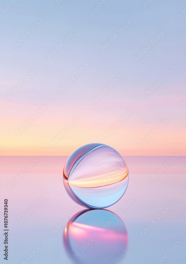 A clear ball is sitting on a calm body of water A clear ball is sitting on a calm body of water