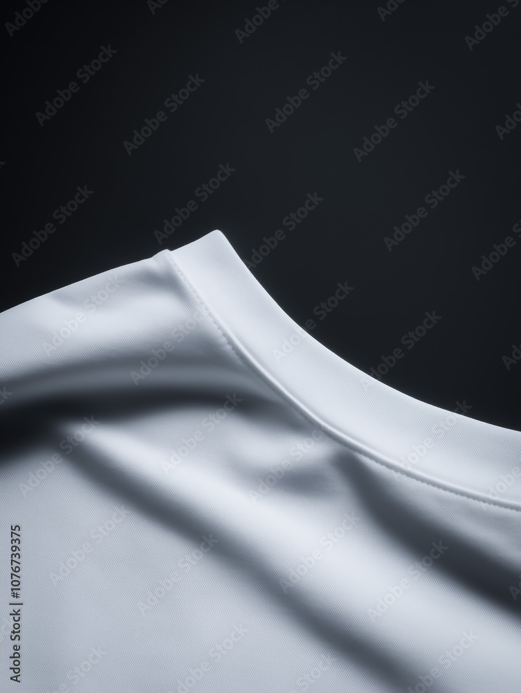 Naklejka premium Detailed 3D render of a folded white t-shirt on a black background, highlighting the material texture and fine stitching along the collar.