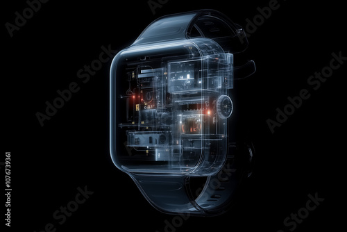 A detailed layered visual of a smartwatch, showcasing intricate internal circuitry and design components with an illuminated display. Horizontal orientation.