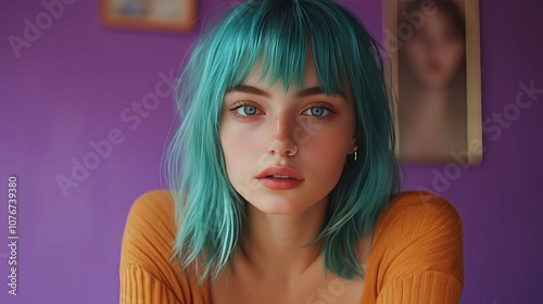 Portrait of a Young Woman with Teal Hair and Freckles photo