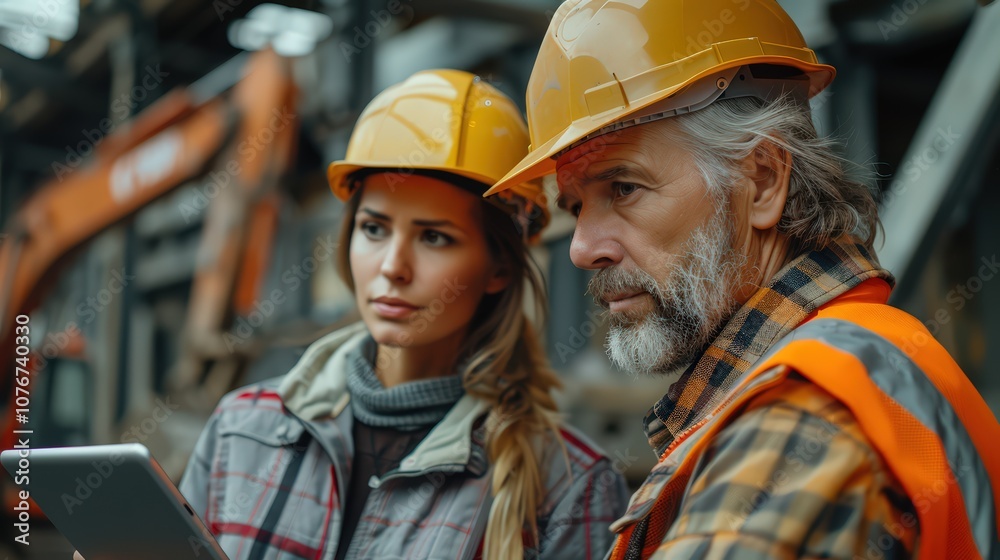 Caucasian Male Architect and Hispanic Female Urban Planner Discuss New Real Estate Project on Active Construction Site with Equipment in Motion