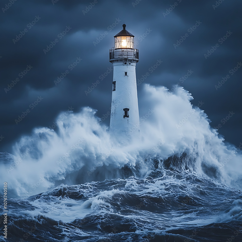 lighthouse stands resilient against powerful ocean waves, illuminated by its beacon. dramatic scene captures raw energy of nature and steadfastness of structure lighthouse stands resilient against powerful ocean waves, illuminated by its beacon. dramatic scene captures raw energy of nature and steadfastness of structure