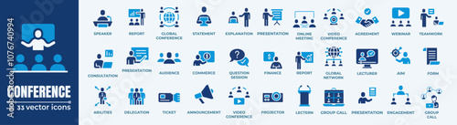 Conference, meeting, business training and team, brainstorm, seminar, interview icon set