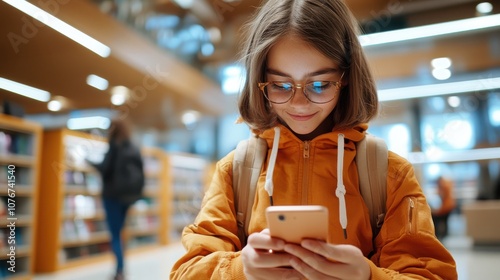 A cheerful young girl in glasses, wearing a yellow jacket, engaged with her smartphone while strolling through a modern library, symbolizing curiosity and digital age.