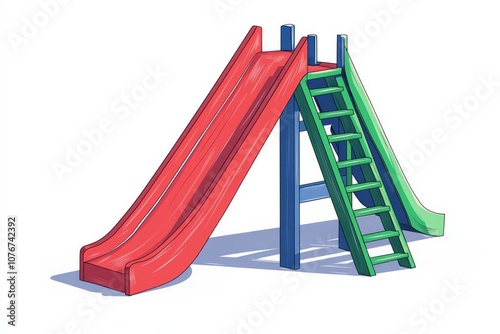 an open red slide with blue and green ladders, white background photo