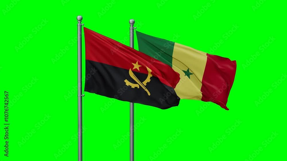Republic of Senegal and Angola flags flying together, video concept of the relationship with colored chroma key for easy background remove, two country cooperation concept Republic of Senegal and Angola flags flying together, video concept of the relationship with colored chroma key for easy background remove, two country cooperation concept